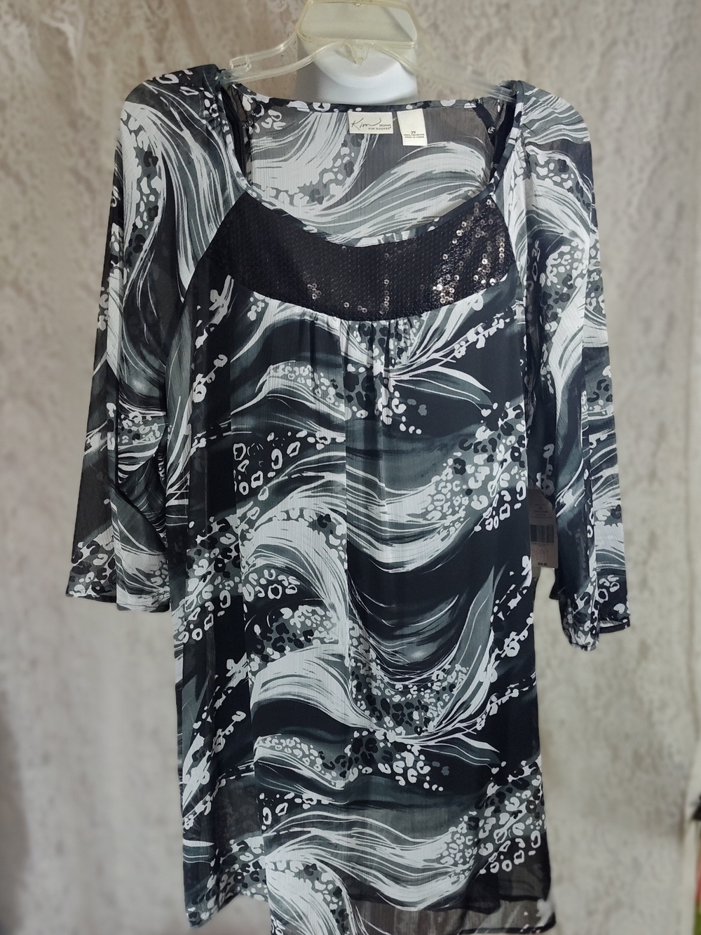 Kim Rogers Black & White Swirl Printed Bling Sequin Yoke Tunic